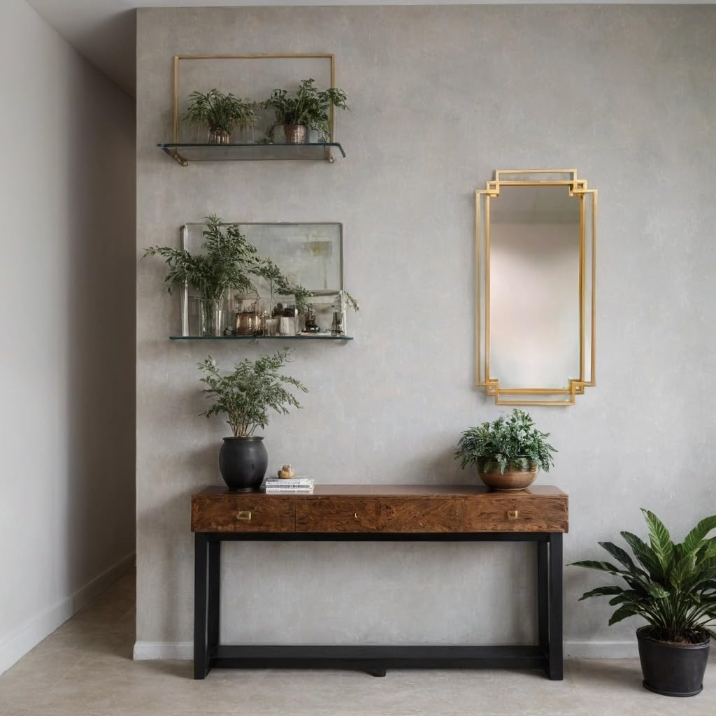Modern interior with a wooden console table, gold mirror, and potted plants against a gray wall.