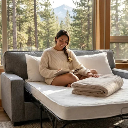 A woman sits on a gray convertible daybed 
