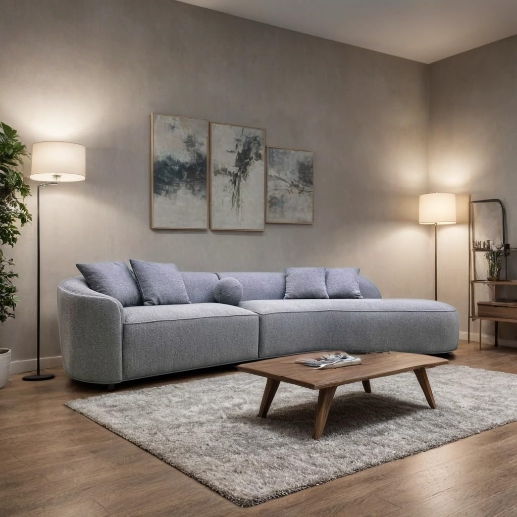Modern living room with a gray sectional sofa, wooden coffee table, and abstract art on the wall.