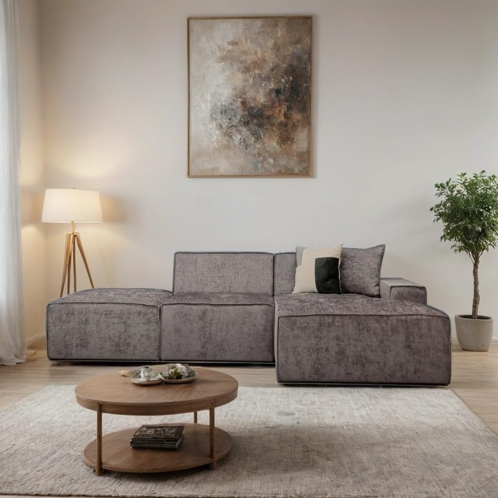 Modern living room with a gray sectional sofa, wooden coffee table, and abstract painting on the wall.