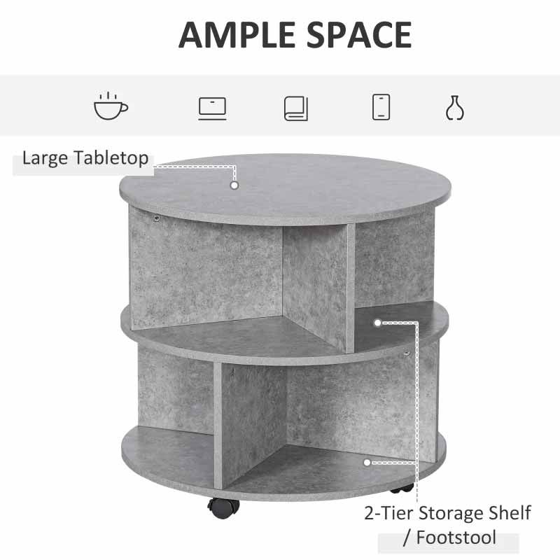 Tier Round Side End Table with Shelves & Wheels  Cement Grey Modern Table UK