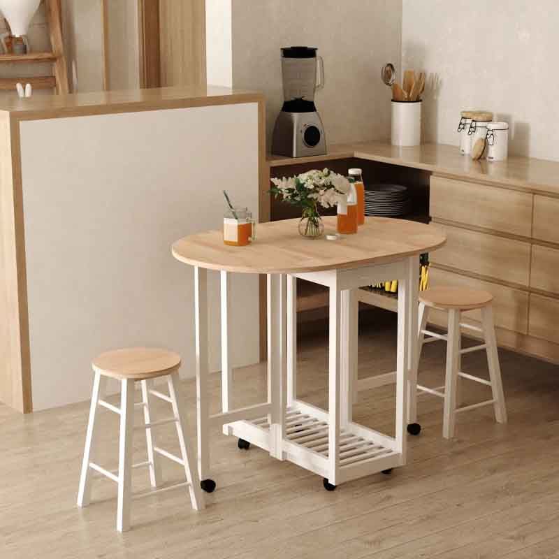 3 Piece Wooden Folding Dining Table Set with 2 Stools – 1020mm White & Pine | Space-Saving Compact Dining Furniture UK
