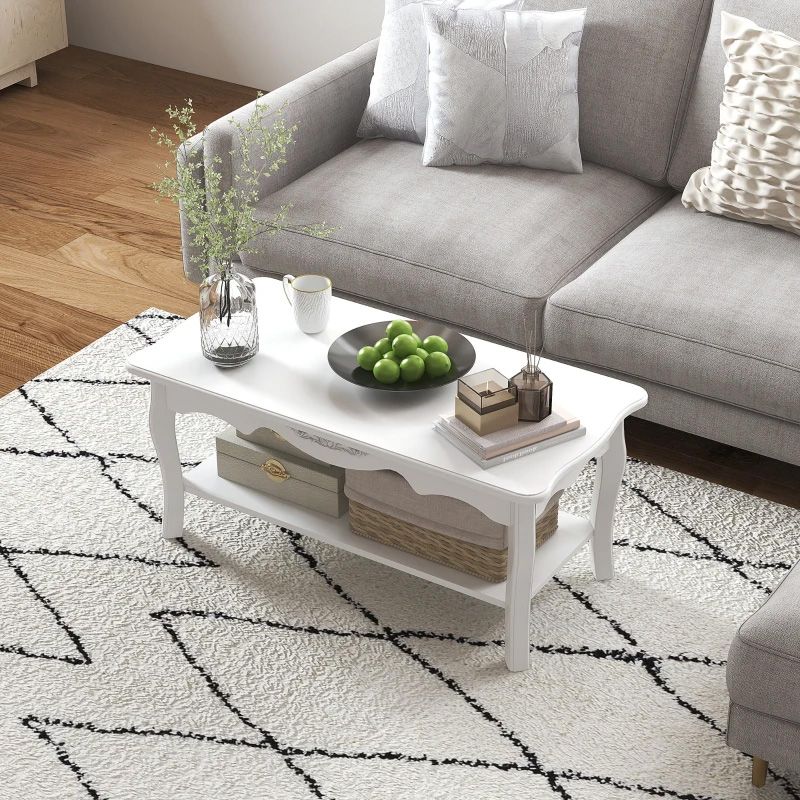 Two-Tier White Coffee Table  Modern Living Room Table with Storage Shelves