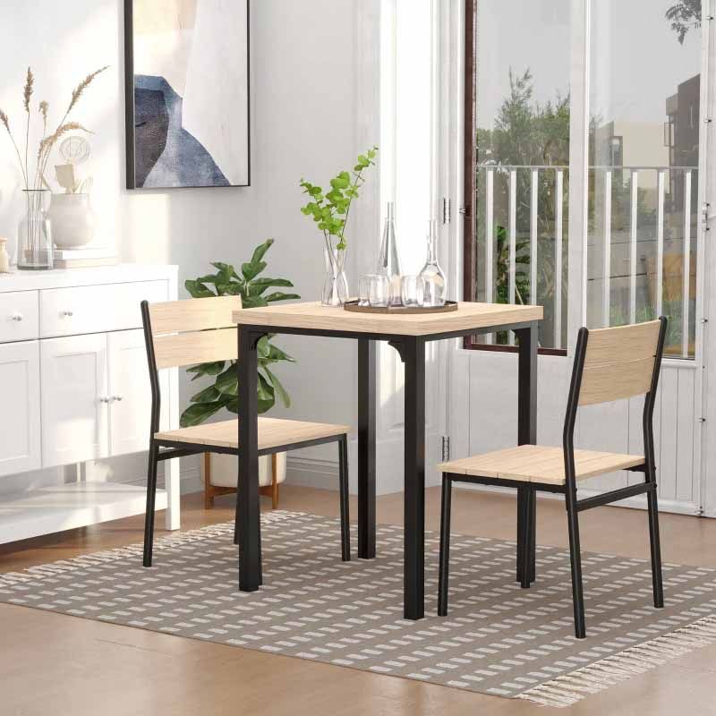 Square Compact Dining Table with 2 Chairs – Wood & Black  Modern Space-Saving Dining Set UK