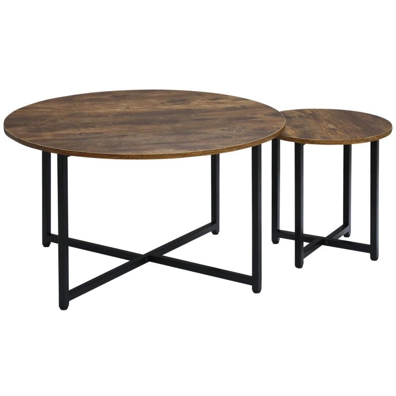 Industrial Round Nesting Coffee Table Set of 2 Rustic Brown  Modern Living Room Furniture UK