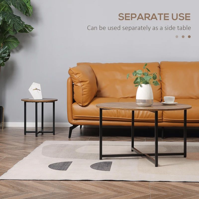 Industrial Round Nesting Coffee Table Set of 2 Rustic Brown  Modern Living Room Furniture UK