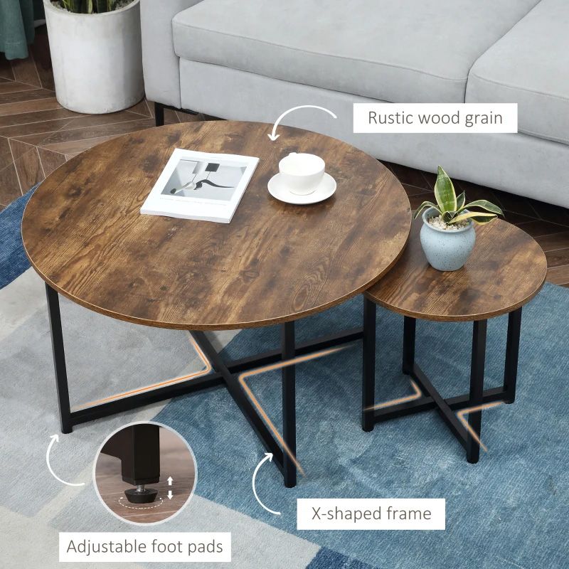 Industrial Round Nesting Coffee Table Set of 2 Rustic Brown  Modern Living Room Furniture UK