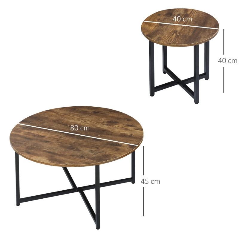 Industrial Round Nesting Coffee Table Set of 2 Rustic Brown  Modern Living Room Furniture UK