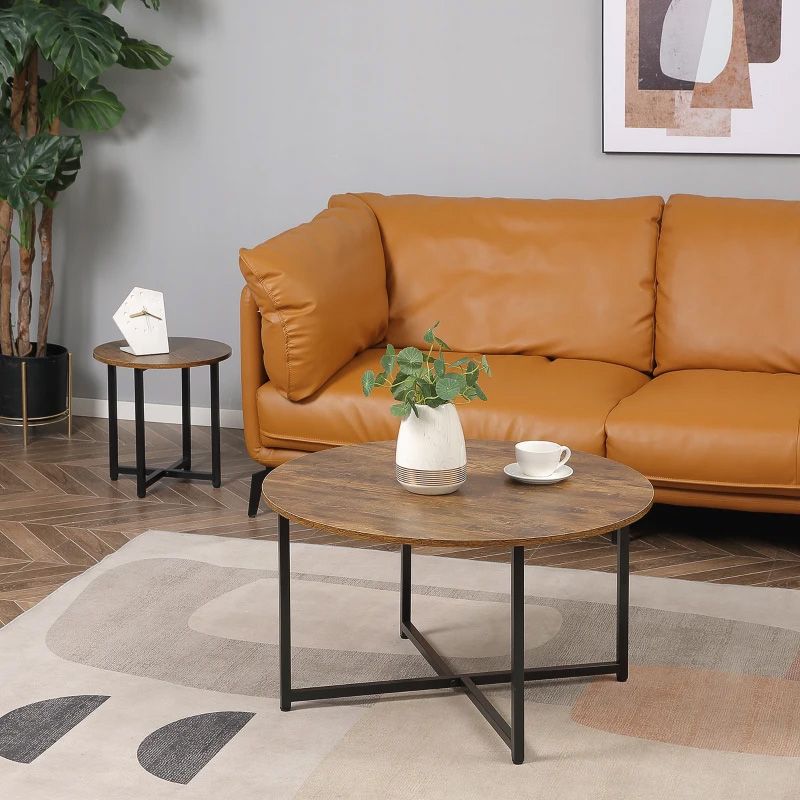 Industrial Round Nesting Coffee Table Set of 2 Rustic Brown  Modern Living Room Furniture UK