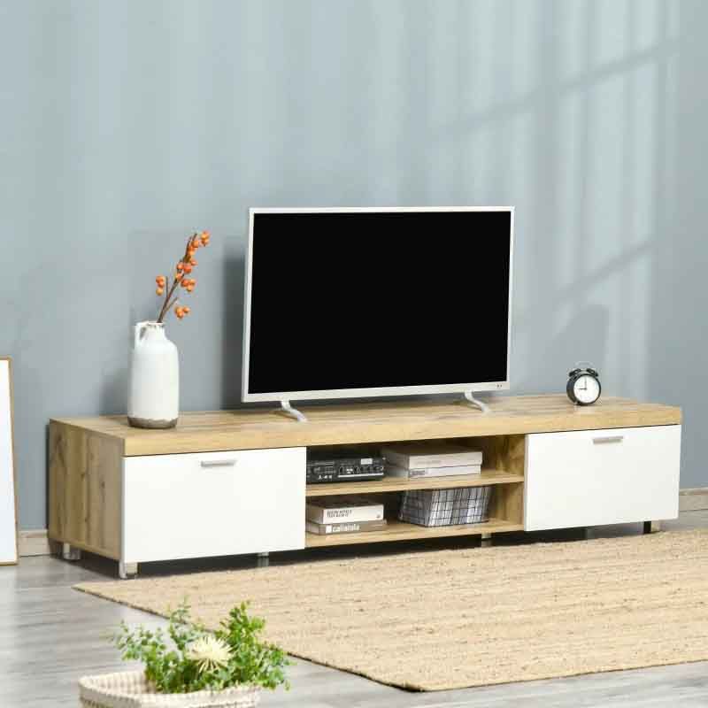 Oak and White Herringbone Pattern TV Unit – Modern Wooden Media Console for Living Room Storage