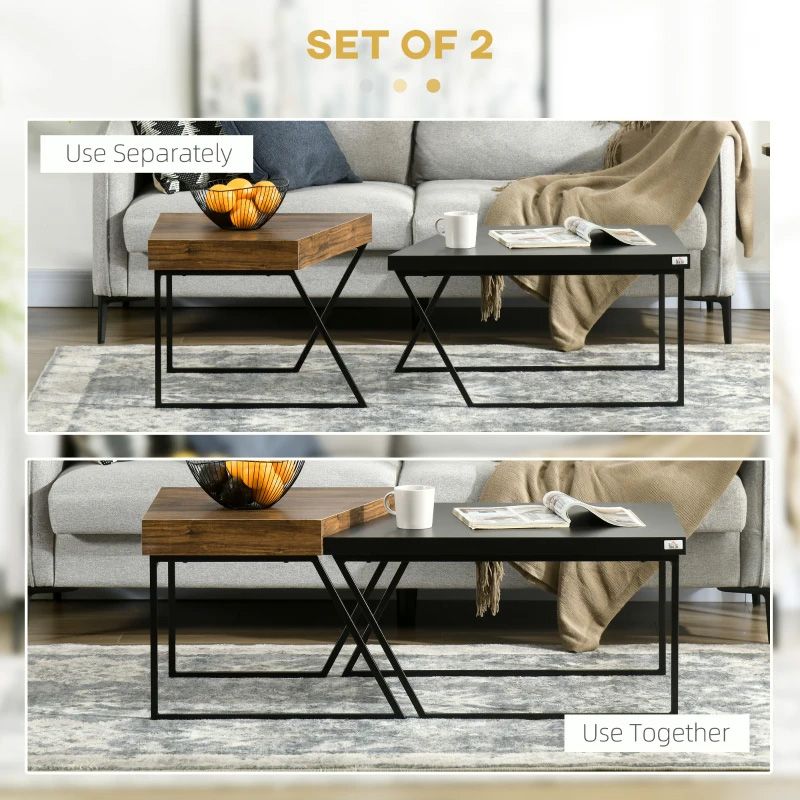 2 Piece Coffee Table Set – Rustic Brown & Black | Modern Industrial Living Room Furniture UK