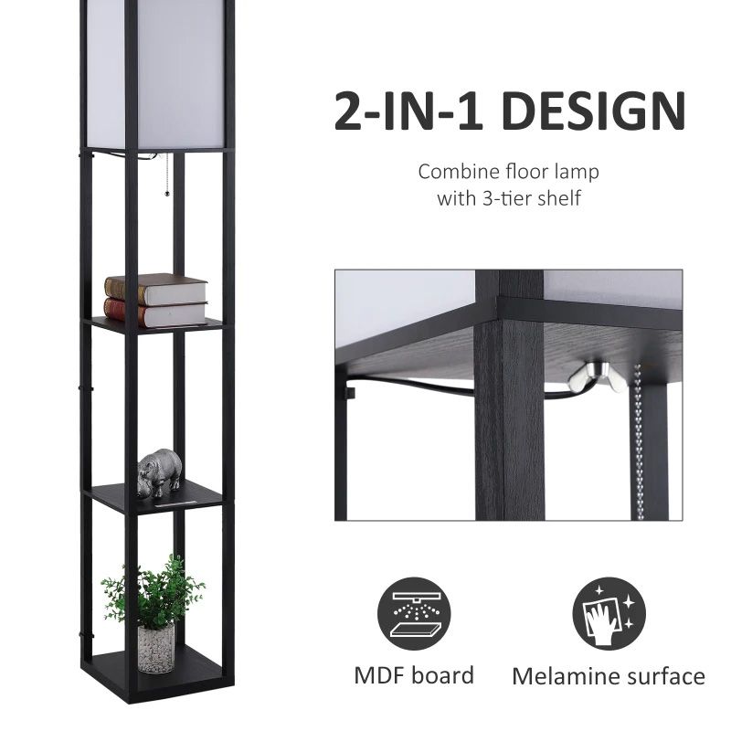 Black 3-Tier Floor Lamp with Storage Shelves – Modern Standing Lamp for Living Room or Bedroom Lighting