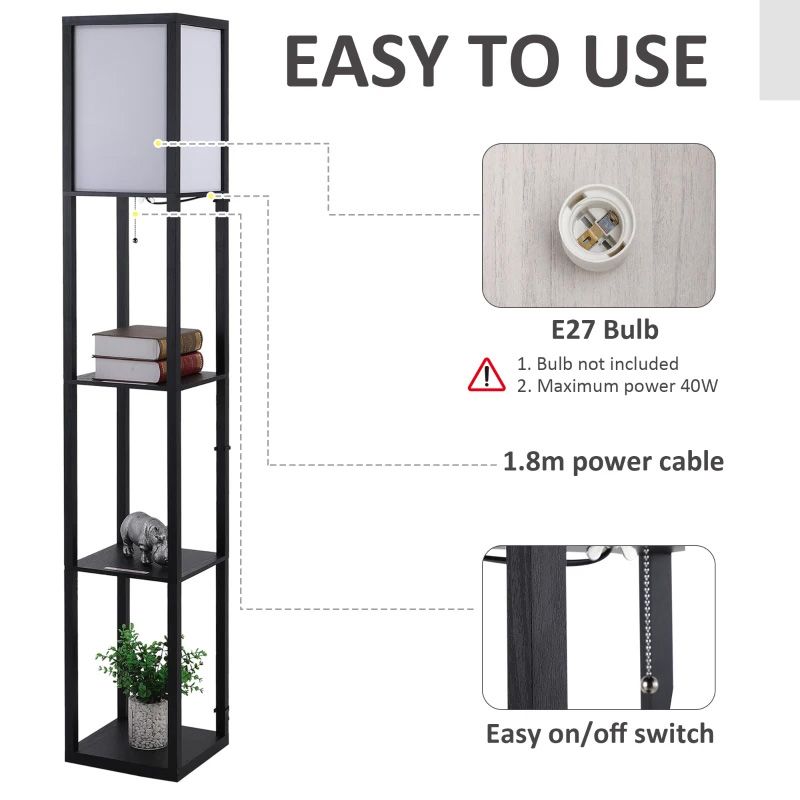 Black 3-Tier Floor Lamp with Storage Shelves – Modern Standing Lamp for Living Room or Bedroom Lighting