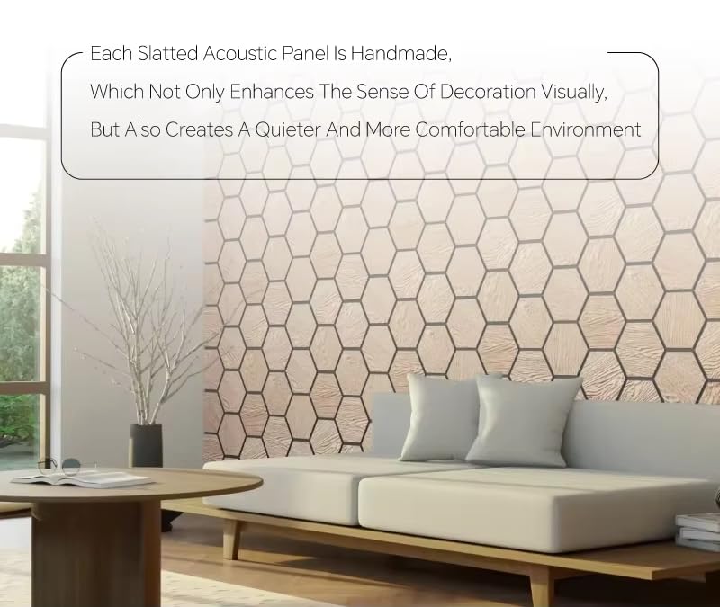 Living room with a hexagonal slatted acoustic panel on the wall