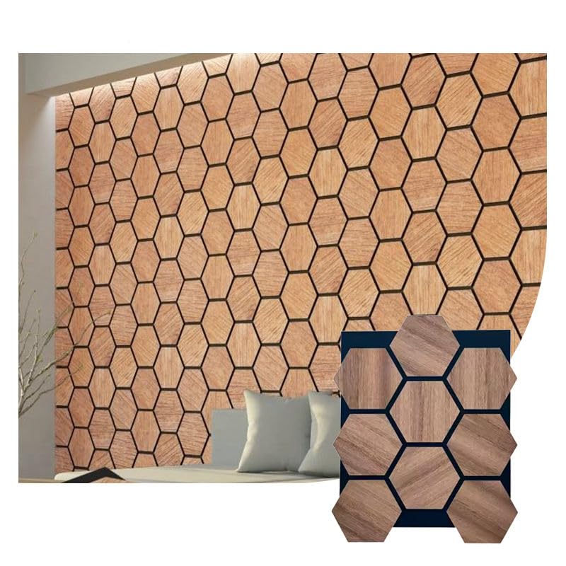 Wooden hexagonal wall panels with a geometric pattern on a white background