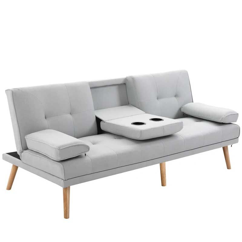 light Gray sofa bed cupholder with wooden legs on a white background