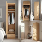 A collage showing a light natural wood wardrobe/closet in multiple room settings. The largest panel shows the wardrobe open with shelves, hanging clothes, and a drawer, next to a bed.