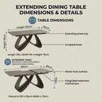 A dimension diagram for an extending dining table showing two views with labeled measurements: one for the extended top (120 cm length, 90 cm width, 75 cm height) and one for the extended seating surface (150 cm length, 90 cm width, 75 cm height)