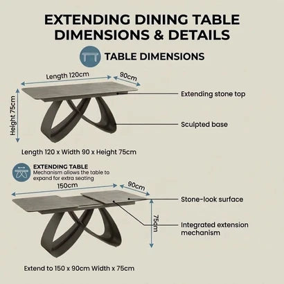 A dimension diagram for an extending dining table showing two views with labeled measurements: one for the extended top (120 cm length, 90 cm width, 75 cm height) and one for the extended seating surface (150 cm length, 90 cm width, 75 cm height)