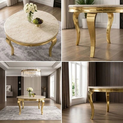 A luxury round coffee table with a beige marble top and ornate gold-finished cabriole legs