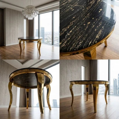 A luxury round dining table with a polished black marble top featuring gold veining and a gold-finished frame and cabriole-style legs, shown in a modern room setting with a window view and a close-up detail of the tabletop.