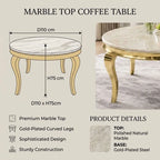 A round dining table size and feature infographic showing a marble-top table with curved gold legs.