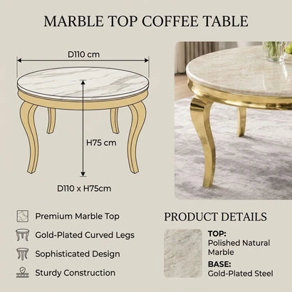 A round dining table size and feature infographic showing a marble-top table with curved gold legs.
