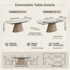 An infographic detailing the extendable table features, showing a compact size of 160 cm and an extended size of 240 cm with dimensions, material and construction details, and seating capacity diagrams.