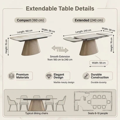 An infographic detailing the extendable table features, showing a compact size of 160 cm and an extended size of 240 cm with dimensions, material and construction details, and seating capacity diagrams.