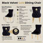An infographic detailing the specifications, key features, back detail, care instructions, recommended use, and available colors of a black velvet gold dining chair. The infographic includes a main product image of the chair, a dimension diagram, a close-up of the lion knocker, and a small color swatch.