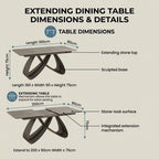An infographic diagram showing the dimensions and details of an extending dining table, with labeled measurements for the stone-look top and sculpted base on a light beige background.
