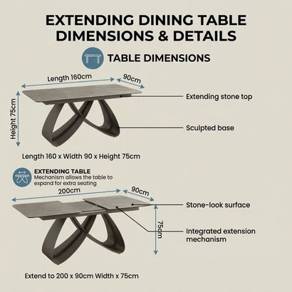 An infographic diagram showing the dimensions and details of an extending dining table, with labeled measurements for the stone-look top and sculpted base on a light beige background.