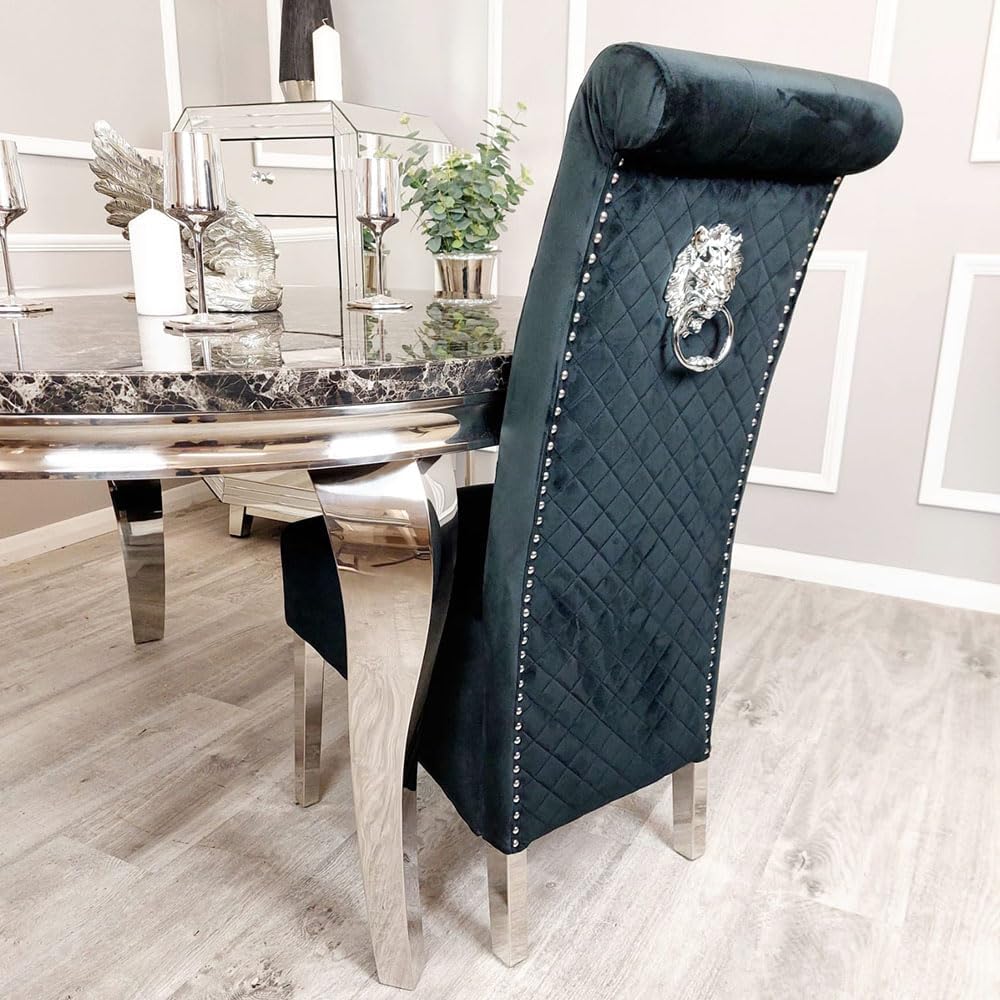 Black upholstered dining chair with lion knocker backrest in a dining room setting.