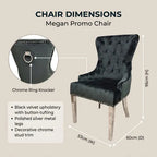 Chair dimensions graphic for the Megan Promo Chair, showing a black velvet wingback dining chair with silver metal legs and stud trim, annotated with measurements of 95cm in height, 53cm in width, and 60cm in depth, on a beige background.