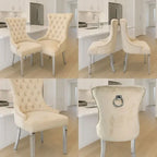 Four-panel collage showing a cream upholstered dining chair from multiple angles in a bright modern kitchen. The chair has tufted upholstery, nailhead trim, curved arms, and silver metal legs with a circular ring detail on the backrest.