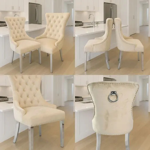 Four-panel collage showing a cream upholstered dining chair from multiple angles in a bright modern kitchen. The chair has tufted upholstery, nailhead trim, curved arms, and silver metal legs with a circular ring detail on the backrest.