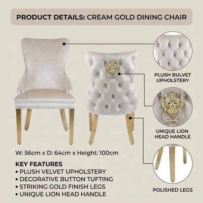 Product details infographic for a cream gold dining chair, showing two views of the chair with callouts for plush velvet upholstery, tufted back, lion head handle, and polished legs, plus dimensions and key features on a beige background.