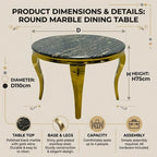 Product dimensions and details infographic for a round marble dining table, showing a top-down view of the table with labeled diameter, height, and feature callouts on a beige background.