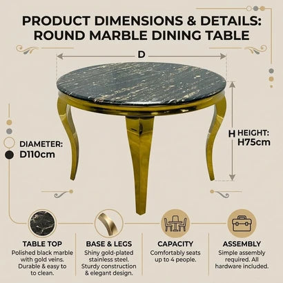 Product dimensions and details infographic for a round marble dining table, showing a top-down view of the table with labeled diameter, height, and feature callouts on a beige background.