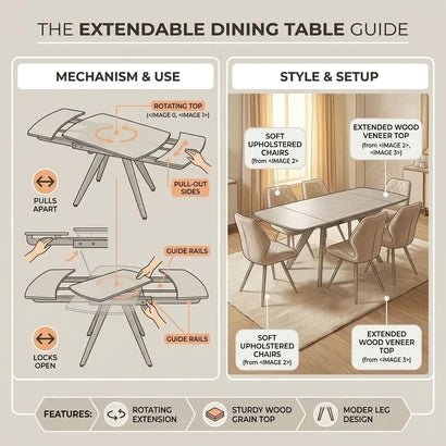 An infographic titled 'THE EXTENDABLE DINING TABLE GUIDE' showing diagrams and a room scene for a dining table. The left panel explains mechanism and use with labeled parts like rotating top, pull-out sides, guide rails, and locks open.