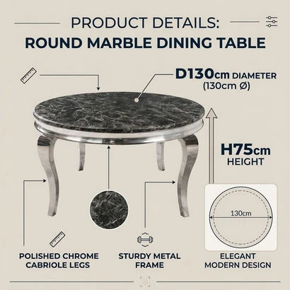 info graphic image of a modern round dining table with a polished marble top and curved metallic legs