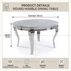 Round marble dining table with polished chrome legs, shown with dimension labels indicating a diameter of 130 cm and height of 75 cm, under a 'Product Details' header.