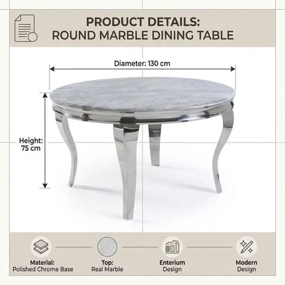 Round marble dining table with polished chrome legs, shown with dimension labels indicating a diameter of 130 cm and height of 75 cm, under a 'Product Details' header.
