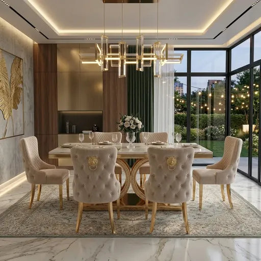 A luxury dining room featuring a rectangular light wood dining table surrounded by six tufted champagne-colored upholstered chairs with gold lion head accents. The room is decorated with a modern geometric chandelier, a patterned area rug, and large floor-to-ceiling windows overlooking a garden patio at dusk.