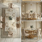 A luxury dining room set featuring a rectangular marble-top dining table with gold legs, surrounded by tufted beige velvet chairs, shown from multiple angles in an elegant interior setting.
