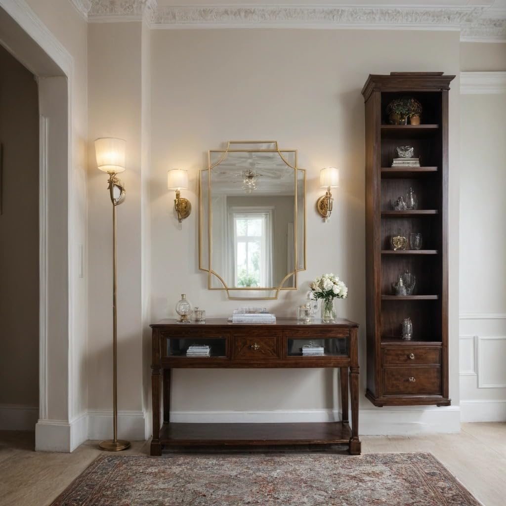 Stylish interior with wooden console table, mirror, and bookshelf in a well-lit room.