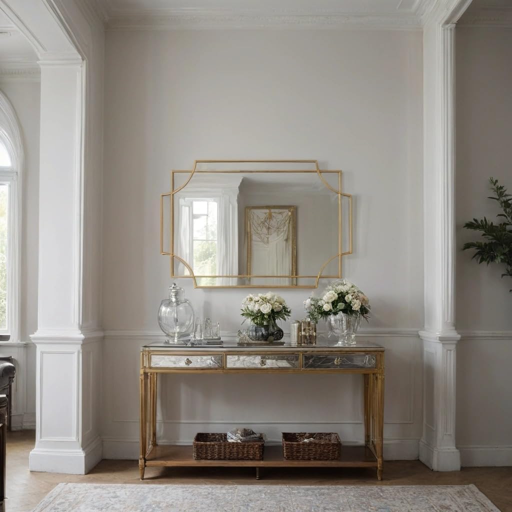 Decorative console table with mirror and floral arrangements in a room with white walls and wooden flooring.
