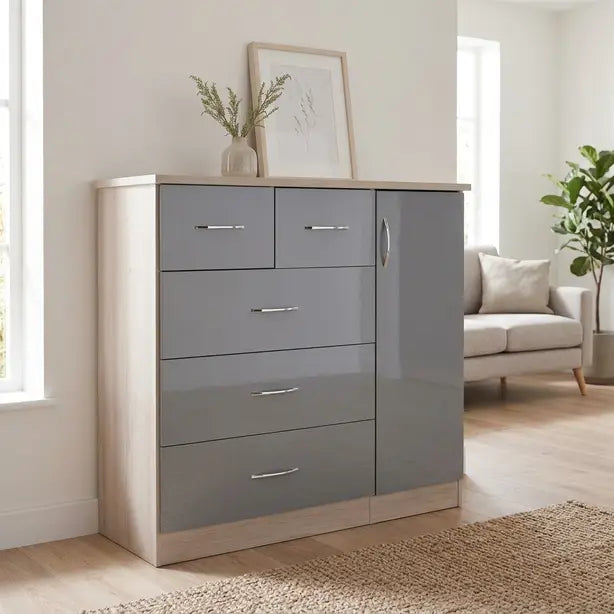 A modern 5-drawer chest of drawers with a light wood grain frame and high-gloss gray doors, styled in a bright, contemporary living room.