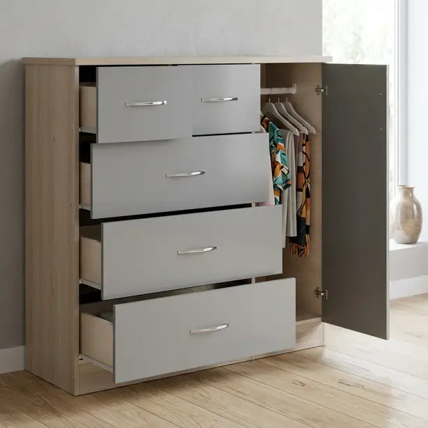 A modern 5-drawer dresser with a light wood grain finish and light gray drawer fronts, shown with two drawers open and the side cabinet door open to reveal hanging clothes inside, set in a bright room with light wood floors.