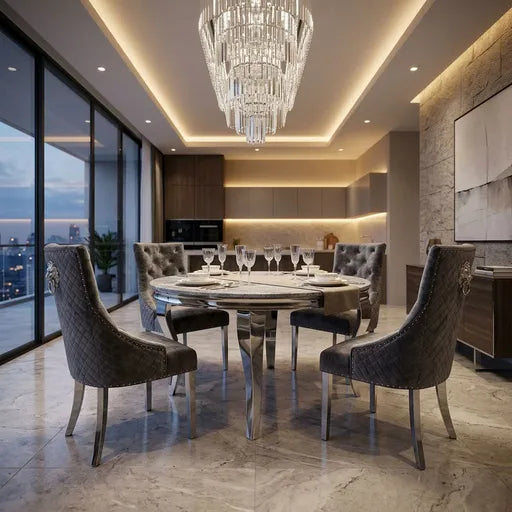 A luxury modern dining room featuring a round marble-top dining table surrounded by six tufted gray velvet chairs with silver metal legs. The room is decorated with a large crystal chandelier, recessed LED ceiling lights, and a marble wall panel.